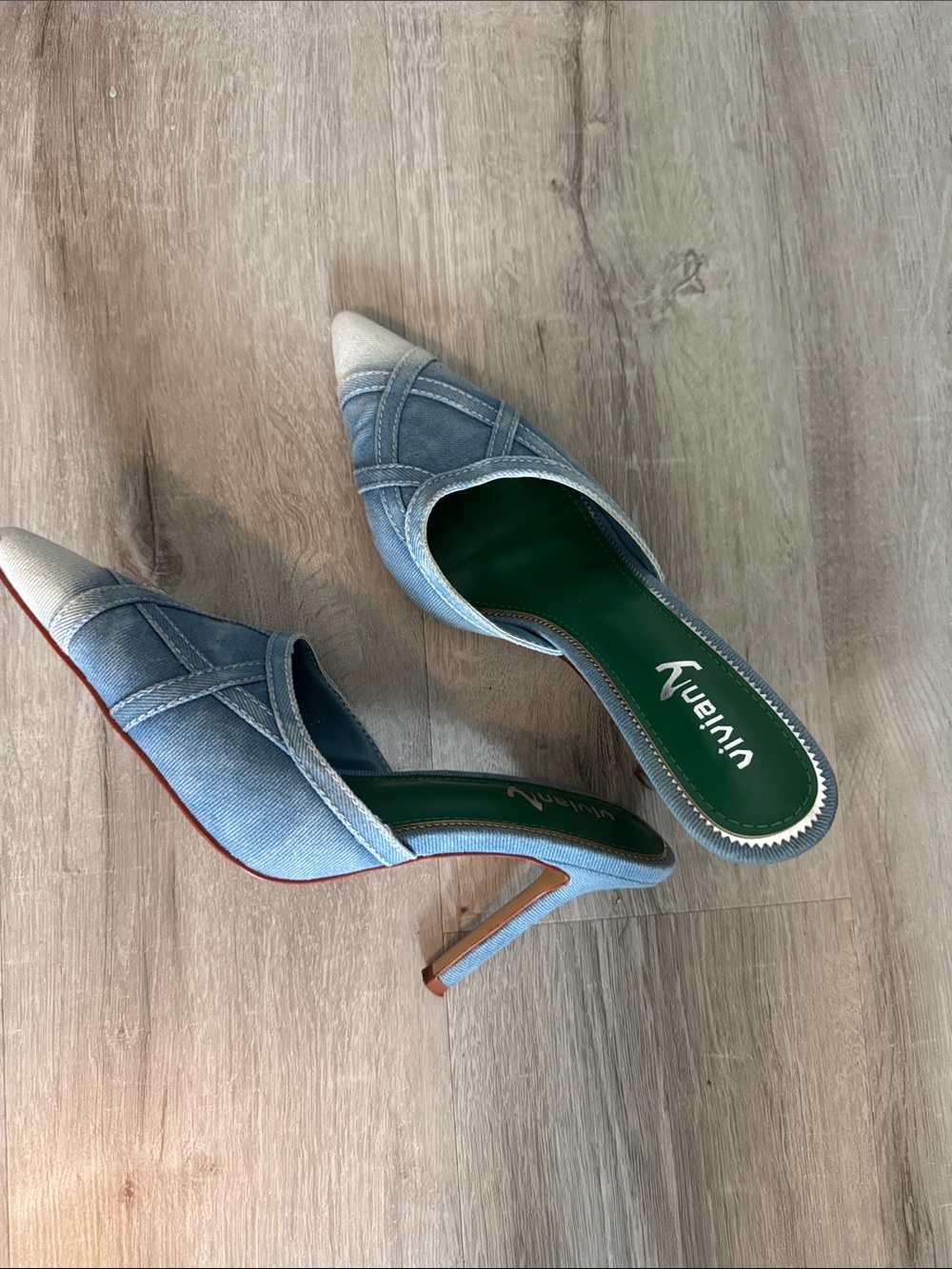 Vivianly Light Blue Denim Pointed Toe Slip-On Mule Heels